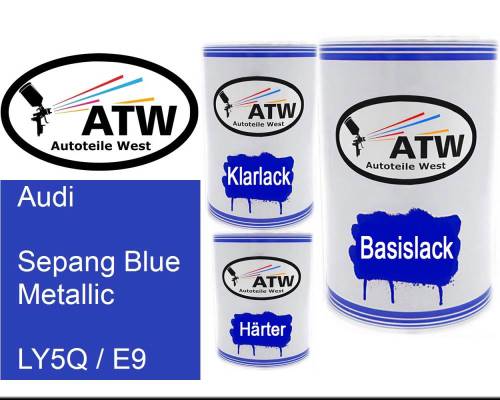 Audi, Sepang Blue Metallic, LY5Q / E9: 500ml Lackdose + 500ml Klarlack + 250ml Härter - Set, von ATW Autoteile West.